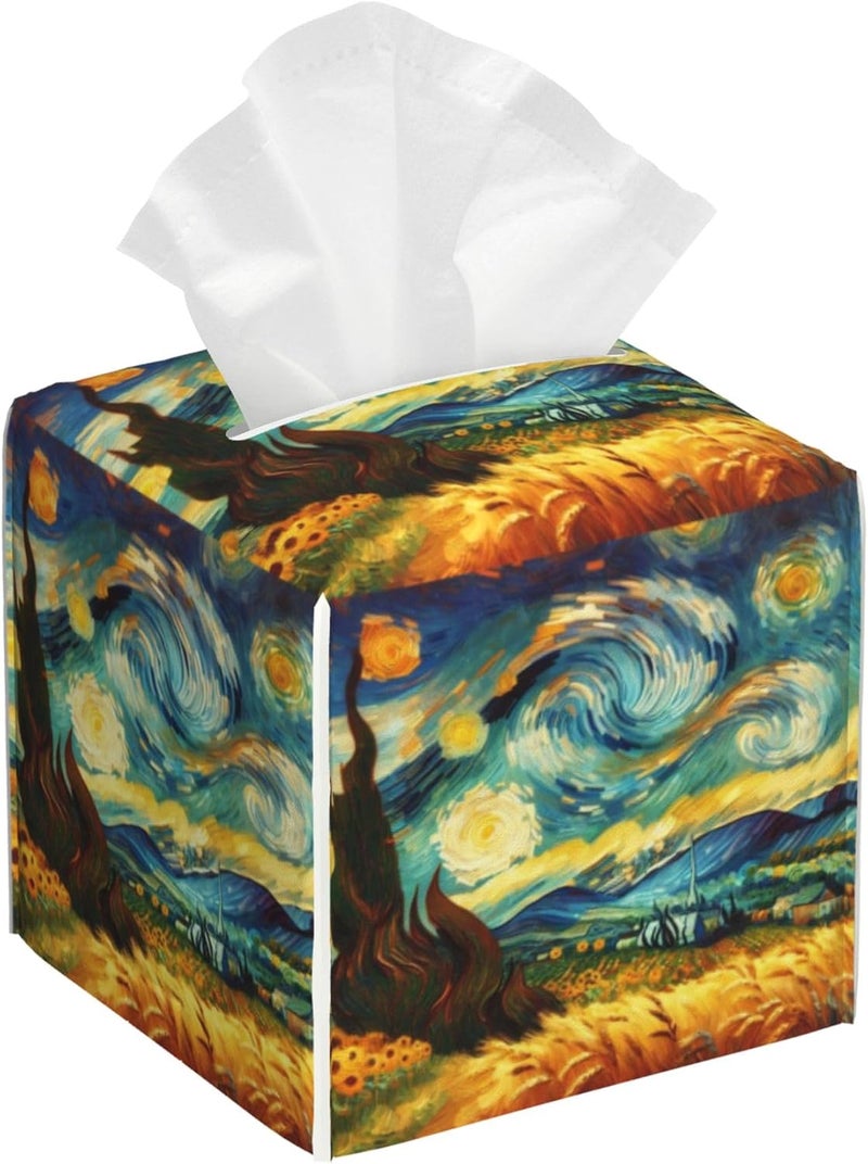 sndheke Starry Night Tissue Box Cover Square, Abstract Impressionist Oil Painting Tissue Box Holder Waterproof Leather Facial Paper Organizer Dispenser for Bathroom Home Car Nightstand Vanity Desk - Image 1